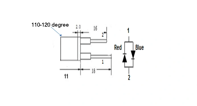 High Quality 0.5w 8mm Blue Red bi-color 110-120degree mini led emitting diode