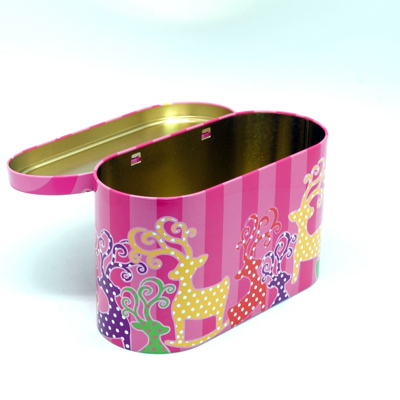 Oval engraved small metal hinged lid tin box for gift pack