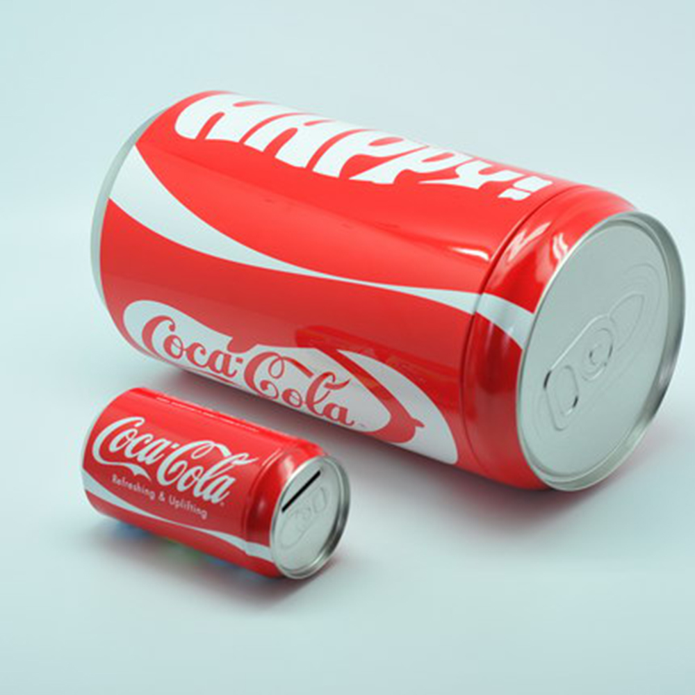 Dongguan factory cola can shaped fancy plain tin money box with slot