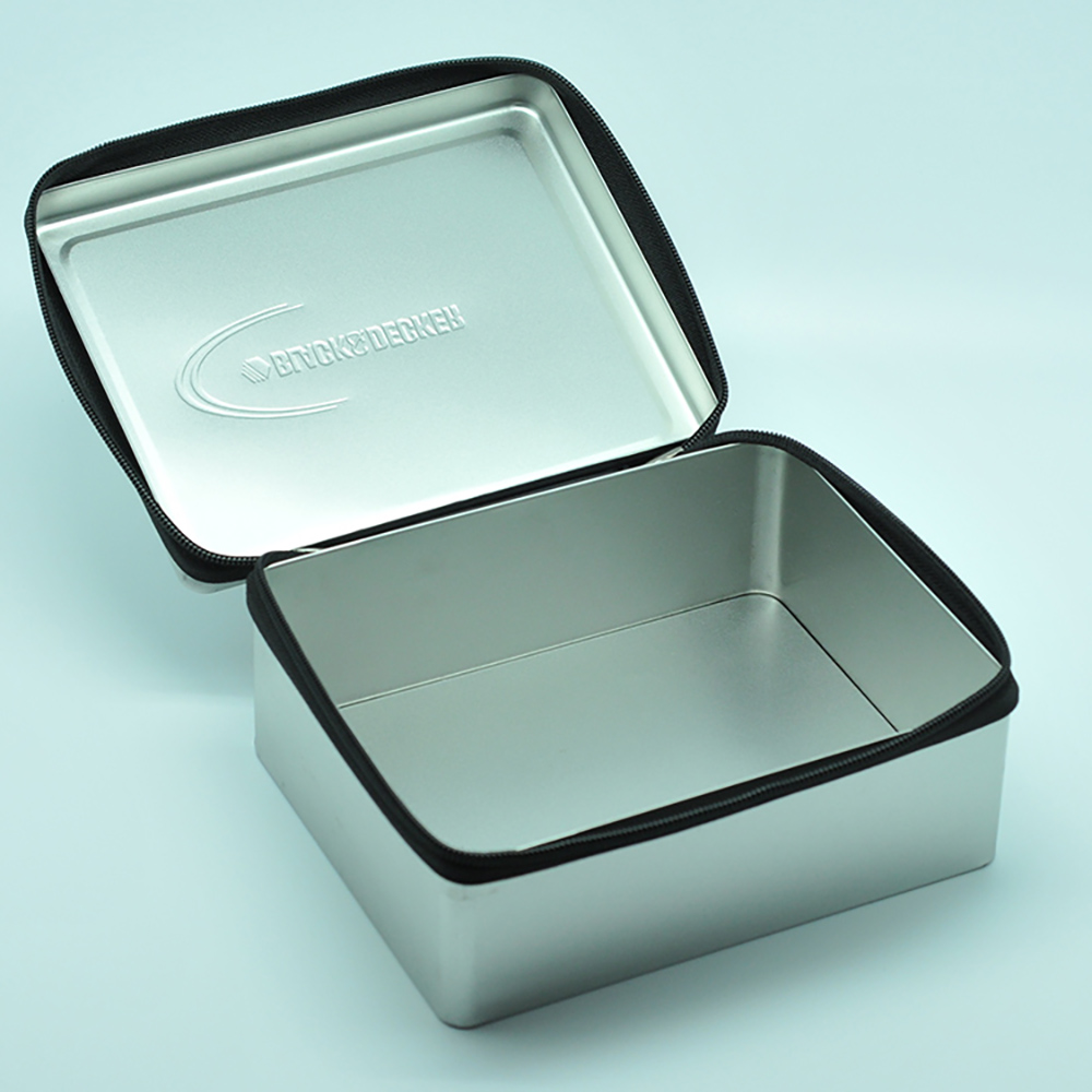 Design embossed silver rectangle tin metal box with zipperg