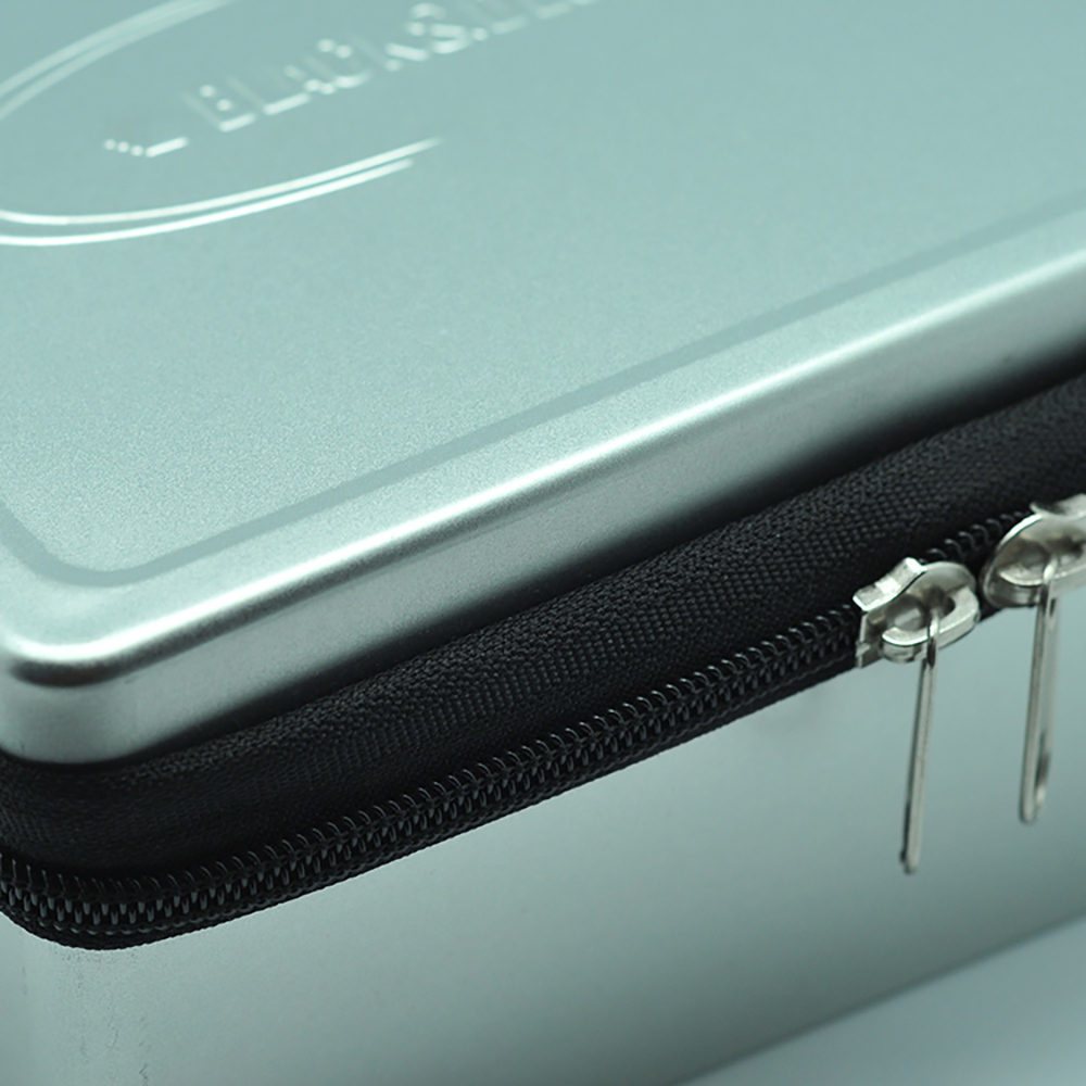 Design embossed silver rectangle tin metal box with zipper