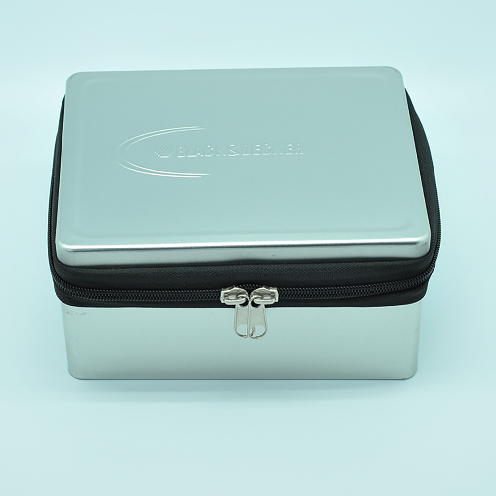 Design embossed silver rectangle tin metal box with zipper