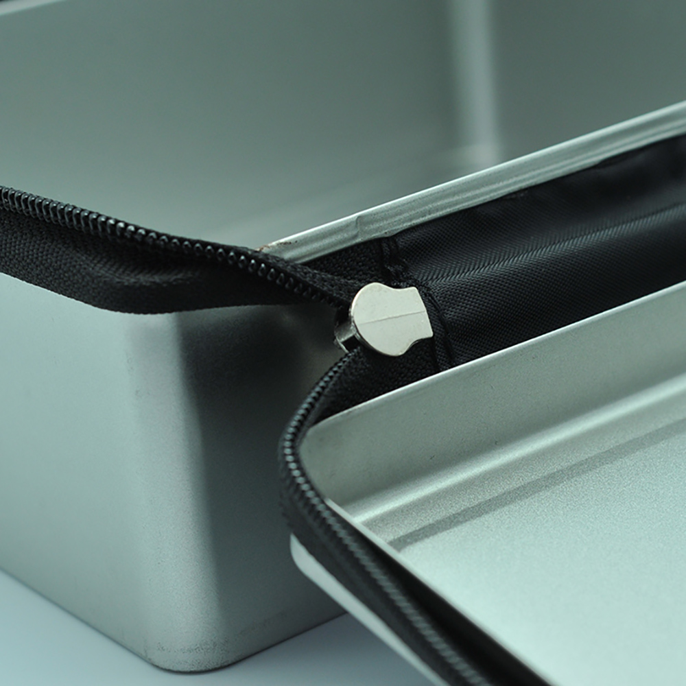 Design embossed silver rectangle tin metal box with zipper