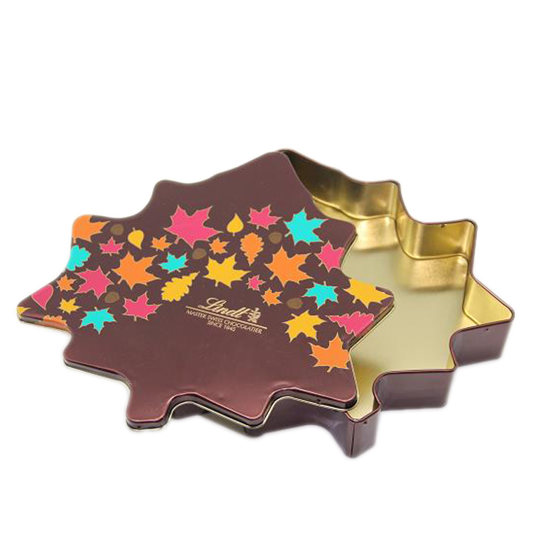 Shaped maple leaf food grade custom tin can for chocolate