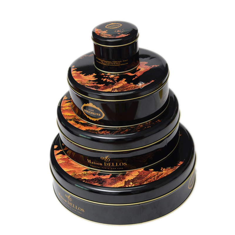 4 sizes round cookie metal black tin box for candy and biscuit
