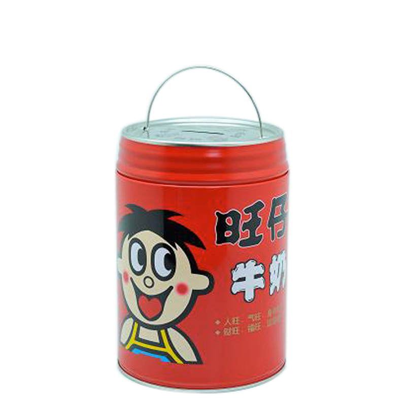 Small easy open lid round plain tin can coin bank with handle