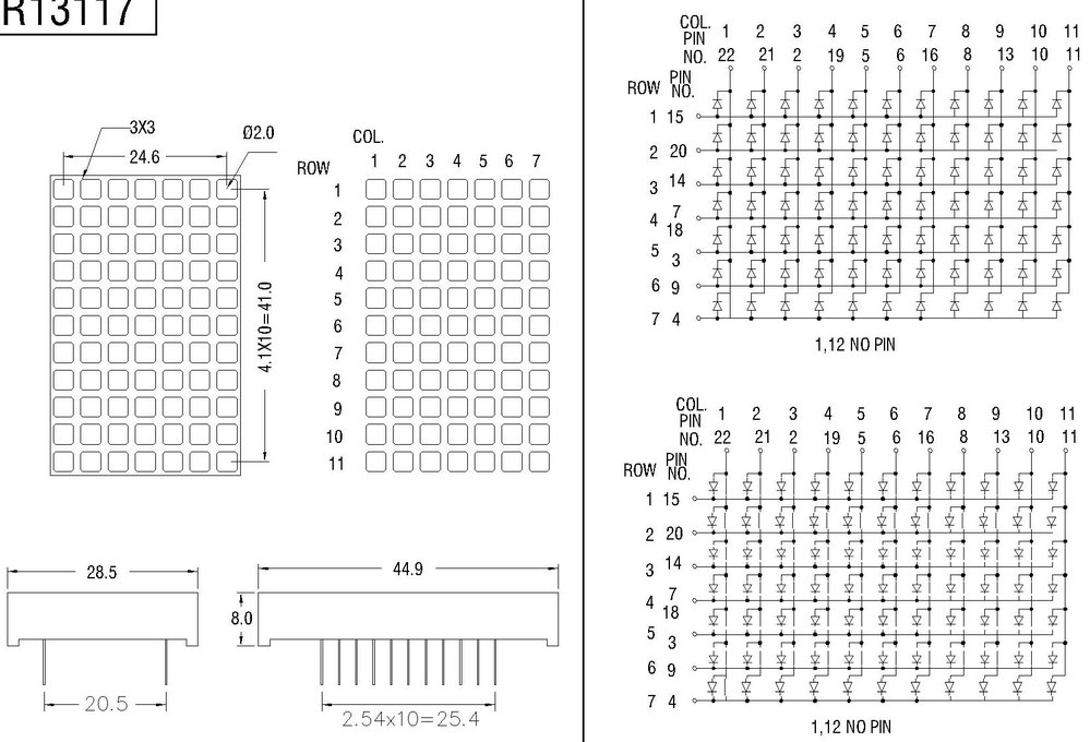 1.3 inch 13117 Yellow White Green square dot led matrix display 11x7