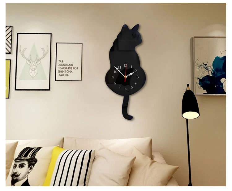 Creative Wagging Tail Cat Clock Silent Acrylic Wall Watch Clocks for Children Gift