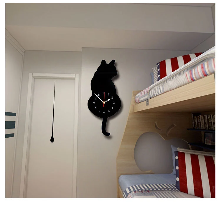 Creative Wagging Tail Cat Clock Silent Acrylic Wall Watch Clocks for Children Gift