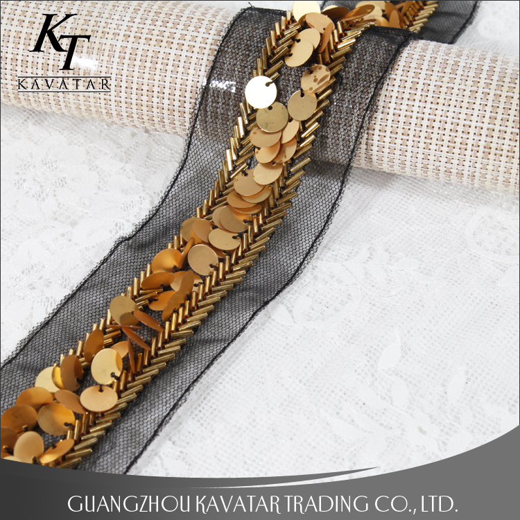 Golden sequin beads decorated webbing lace.jpg