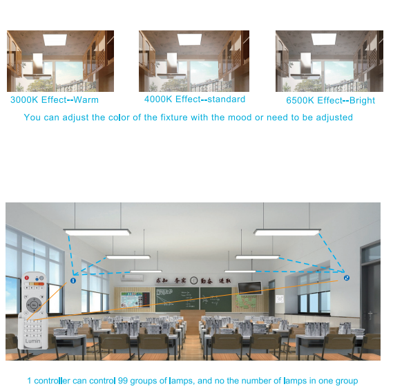 Lumin RF remote control demo in classroom: group control multiple LED panels for different zones