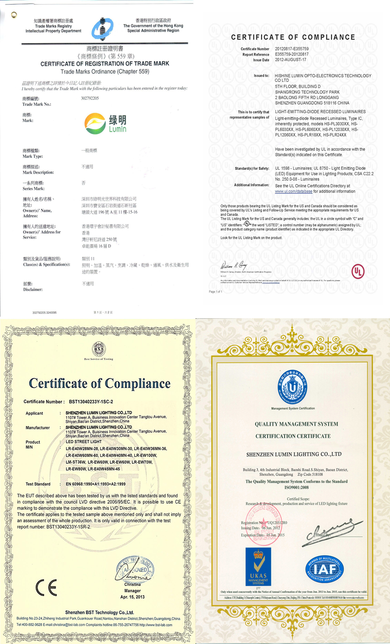 Lumin lighting company registration certificate and CE declaration of conformity for LED panel light