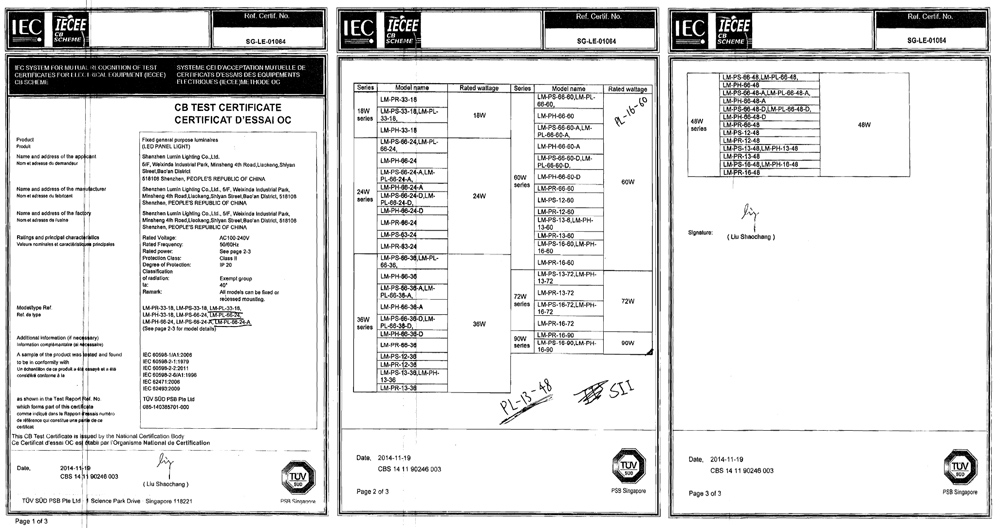 Lumin IEC declaration of conformity for LED panel light
