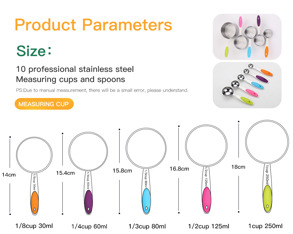 10 PCS Colorful Stainless Steel Measuring Spoons and Cups With Silicone Handle