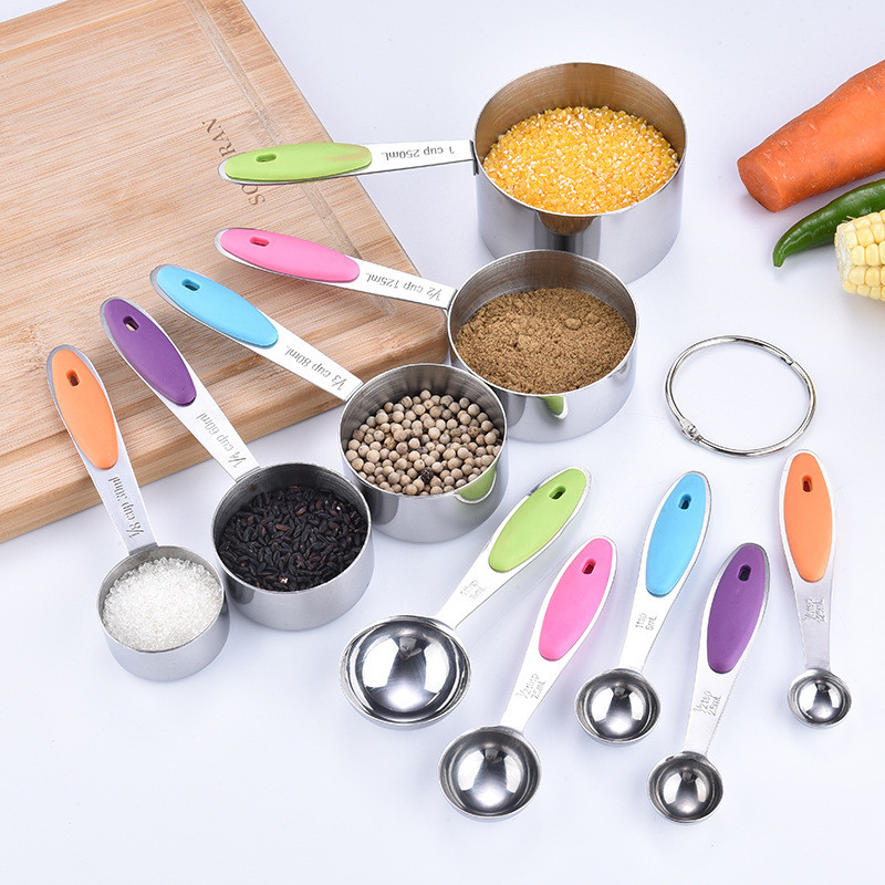 10 PCS Colorful Stainless Steel Measuring Spoons and Cups With Silicone Handle