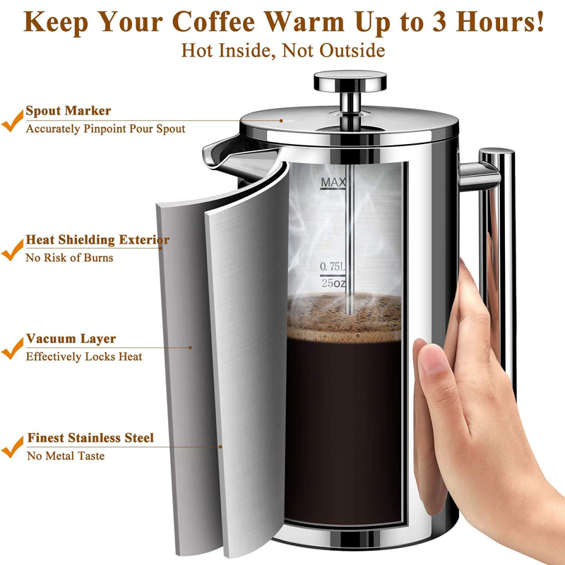 Food Grade Stainless Steel 4 Filter Layer French Press Coffee Maker