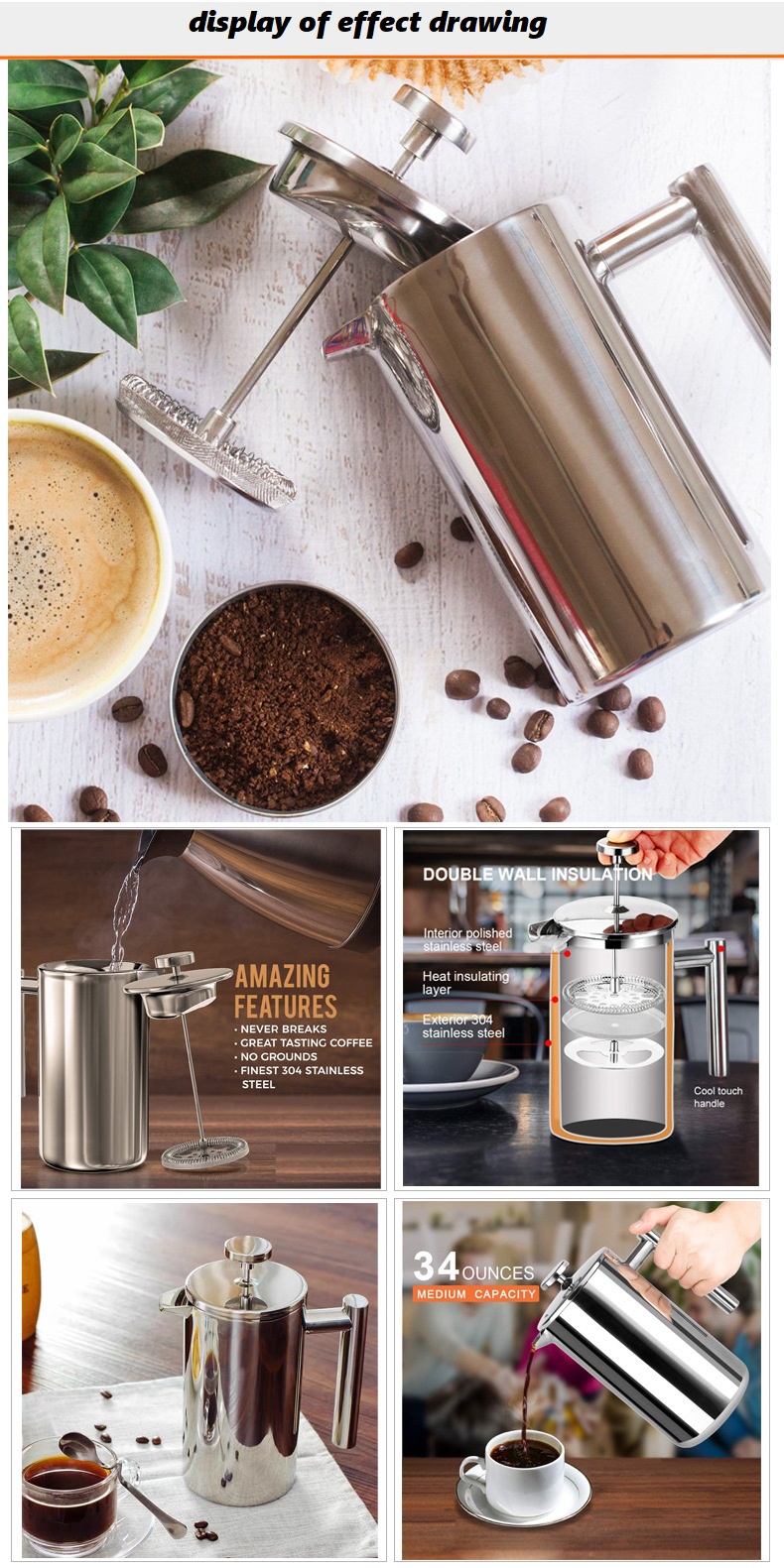 Wholesale 350ml-1200ml Stainless Steel French Presses Coffee Cooker or Maker