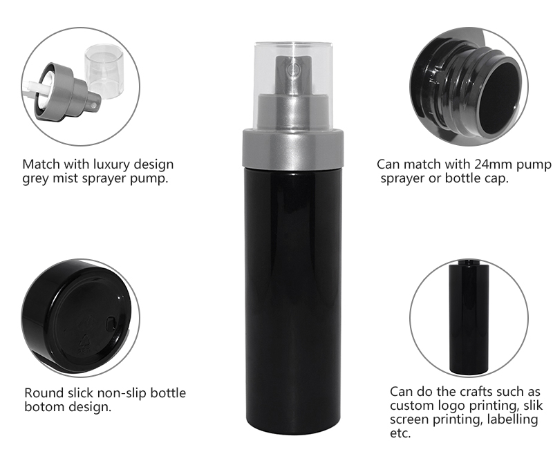 100ml black PET plastic cosmetic pump sprayer bottle for facial toner supplier