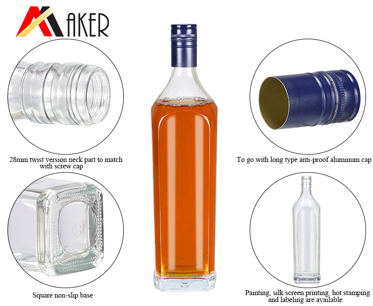 Empty round clear 750ml rum glass wine bottle with aluminum cap