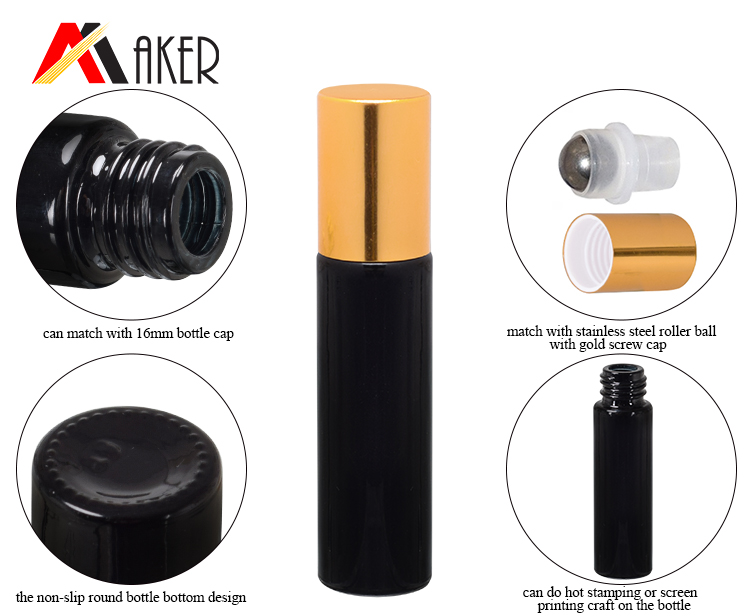 Wholesale round black 10ml glass oil perfume roll on bottle with gold color cap