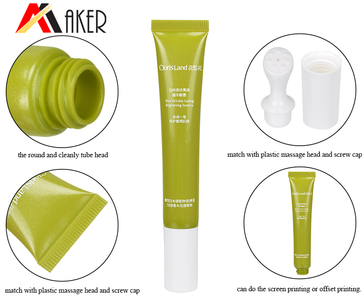 Empty green round 15g cosmetic massage applicator soft eye essence cream tubes packaging with electroplated cap