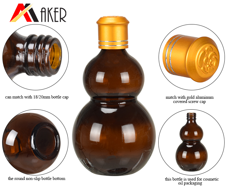 Wholesale cucurbit special100ml amber cosmetic essential oil glass bottle with gold aluminum cap