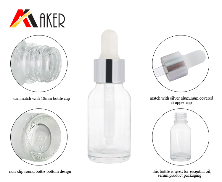 China wholesale round clear cosmetic 15ml essential oil glass bottle packaging