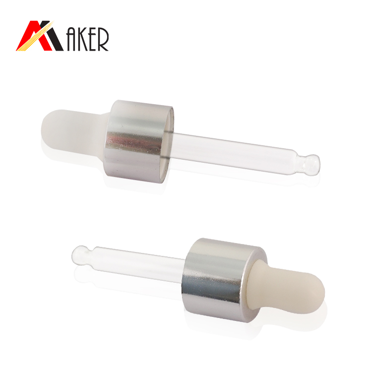 China manufacturer 18mm white rubber silver aluminum dropper for cosmetic essential oil glass bottle