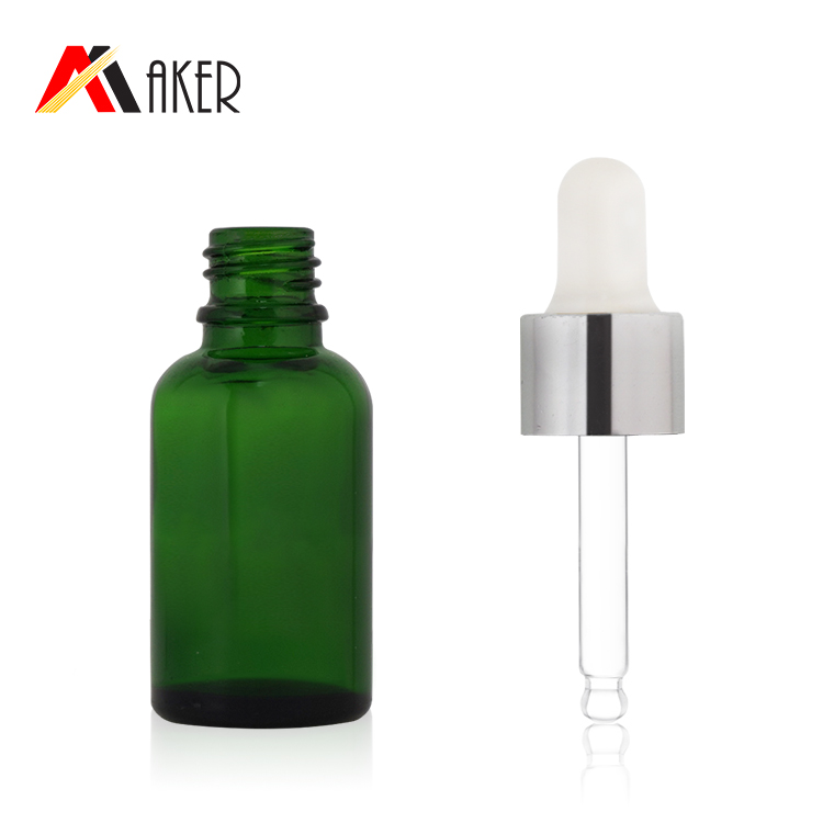 China manufacturer 18mm white rubber silver aluminum dropper for cosmetic essential oil glass bottle