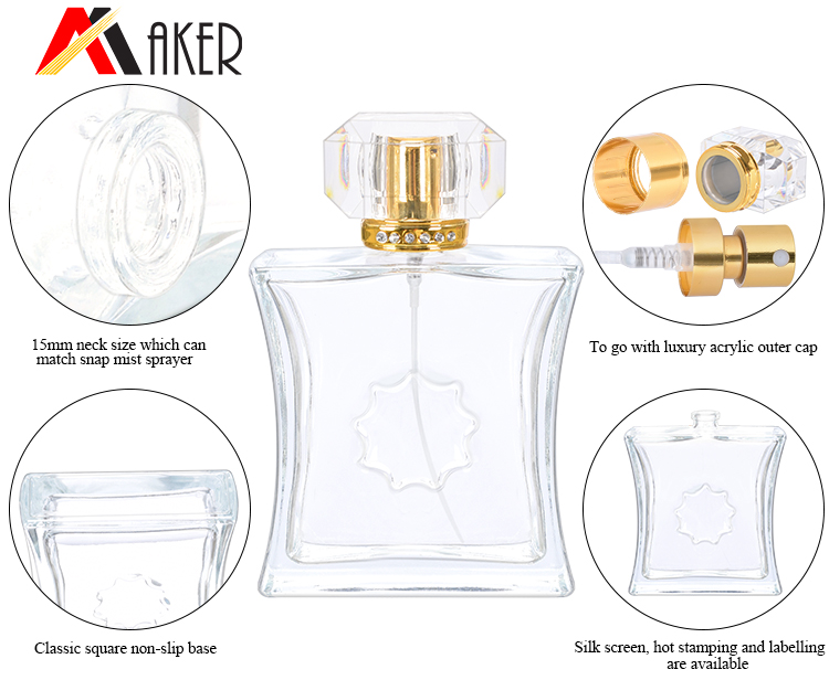 Luxury empty 100ml special shape clear crystal perfume glass bottle with gold aluminum sprayer acrylic cap