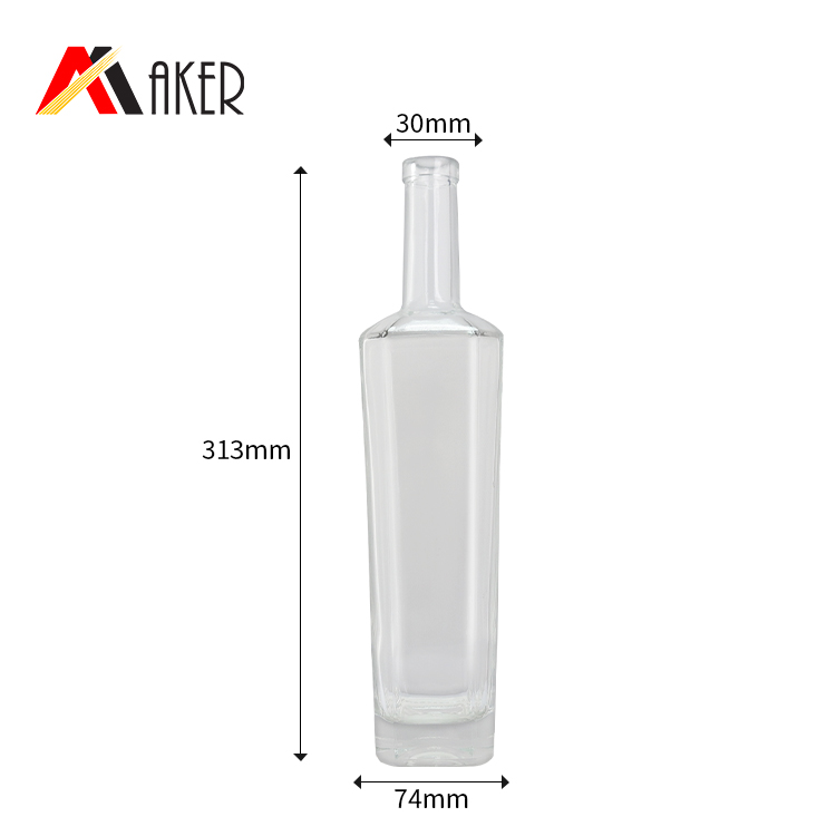 Wholesale 700ml empty clear cylinder square wine bottle special shape vodka glass bottle with silver aluminum covered cork