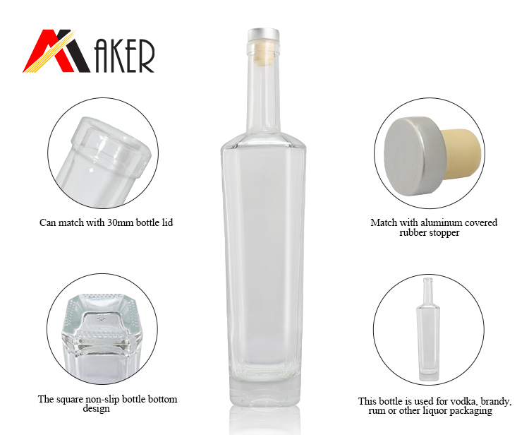 Wholesale 700ml empty clear cylinder square wine bottle special shape vodka glass bottle with silver aluminum covered cork