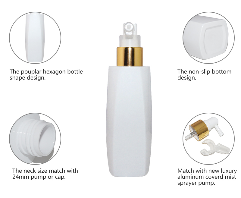 Empty 150ml white square PET cosmetic plastic bottle with gold sprayer