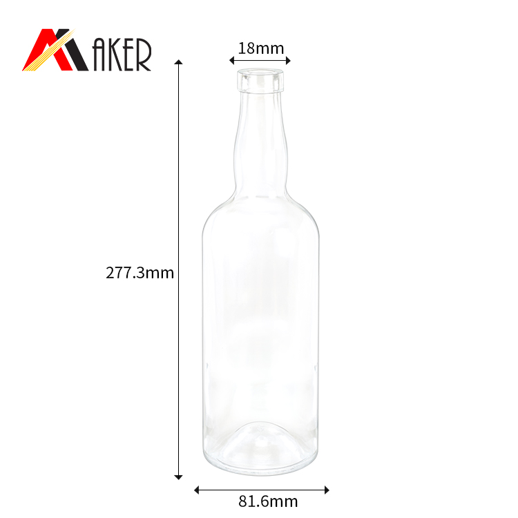 Unique boston round empty 750ml clear whisky glass liquor bottle with aluminum covered rubber stopper.jpg