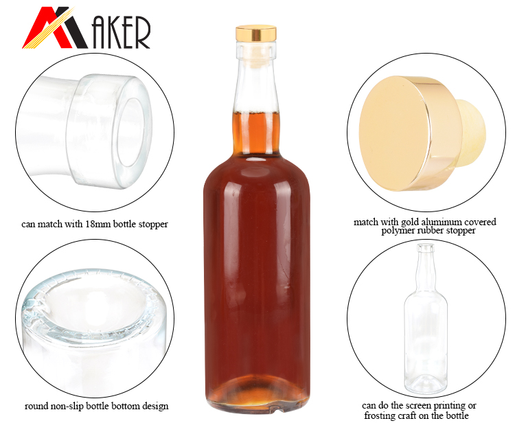 Unique boston round empty 750ml clear whisky glass liquor bottle with aluminum covered rubber stopper.jpg