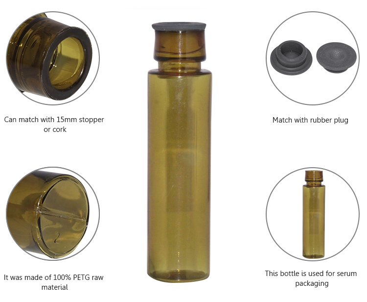 Empety10ml PETG amber snap plastic cosmetic serum bottle with rubber seal