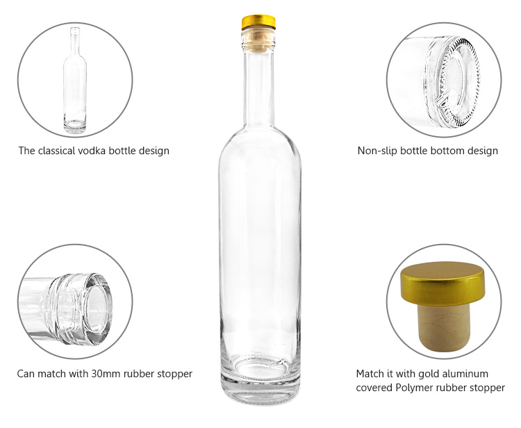 750ml empty round shape wine bottle custom luxury frosted clear glass vodka bottle manufacturers with cork