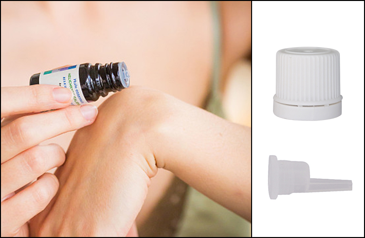 Factory supplier white plastic ribbed tamper proof screw cap and plastic orifice reducer for glass essential oil bottle.jpg