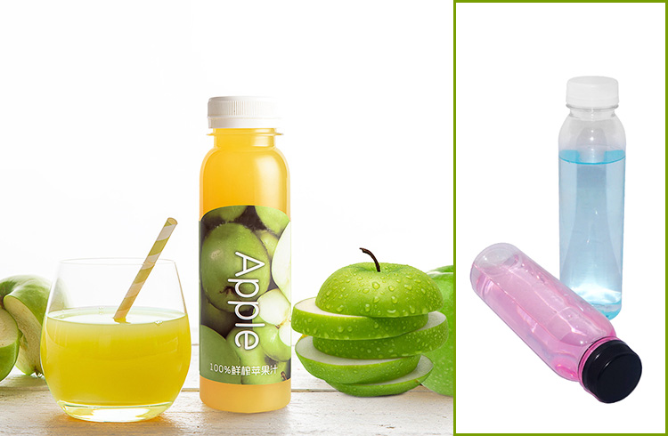 wholesale Boston round shape plastic 350ml PET beverage bottle drinking water bottles with black and white pp cap