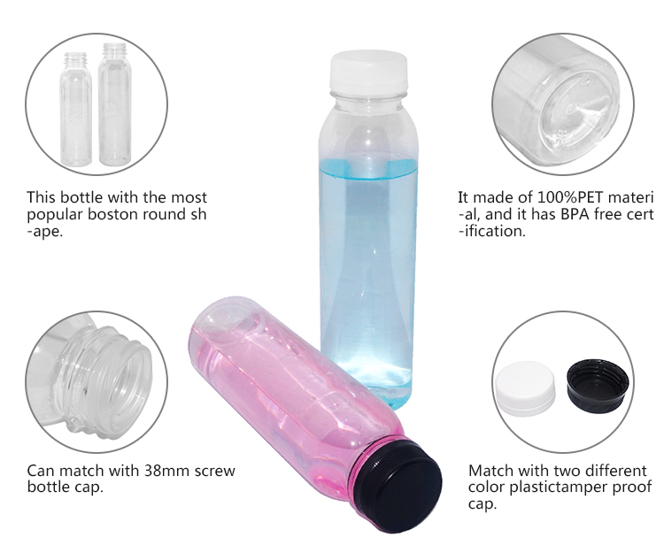 wholesale Boston round shape plastic 350ml PET beverage bottle drinking water bottles with black and white pp cap