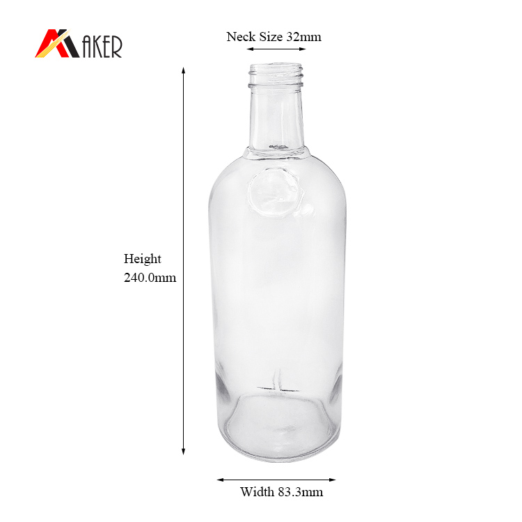 Wholesale empty clear 750ml round shape custom Logo printing liquor rum glass bottles sale with aluminum screw cap