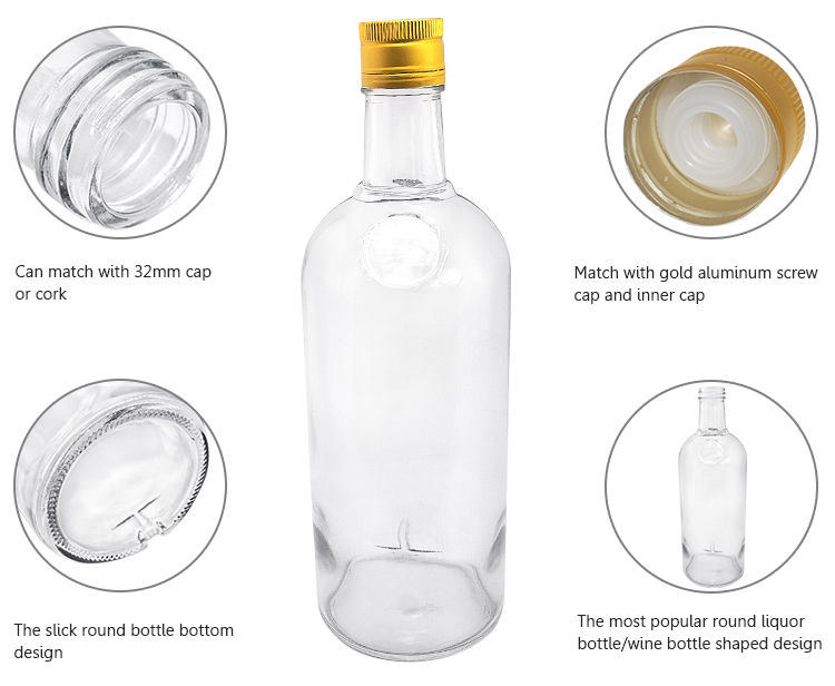 Wholesale empty clear 750ml round shape custom Logo printing liquor rum glass bottles sale with aluminum screw cap
