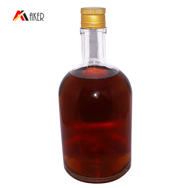 Wholesale empty clear 750ml round shape custom Logo printing liquor rum glass bottles sale with aluminum screw cap