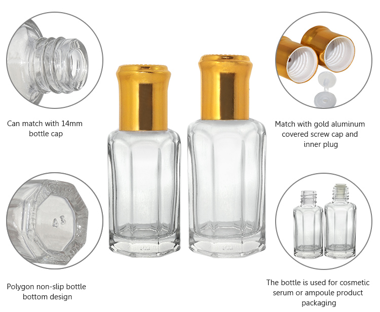 Wholesale factory clear 10ml octagonal essential oil glass bottle with gold aluminum covered screw cap.jpg