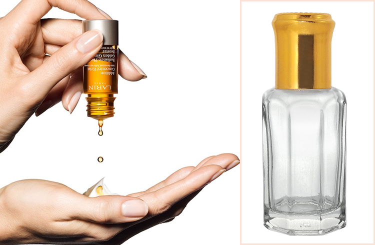 Wholesale factory clear 10ml octagonal essential oil glass bottle with gold aluminum covered screw cap.jpg