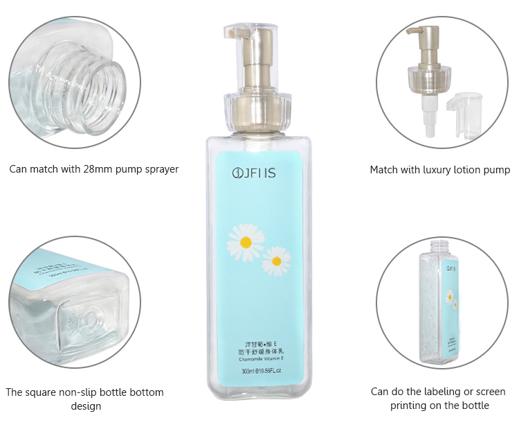 Supplier wholesale square empty 300ml PET plastic cosmetic shower gel lotion pump bottle.jpg