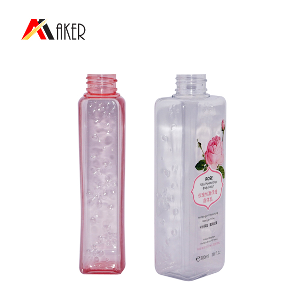 Square plastic PET Cosmetic Bottle with engraving flower