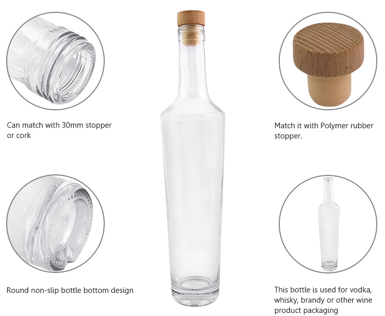 550ml clear crystal white glass round whisky bottle packaging with cork