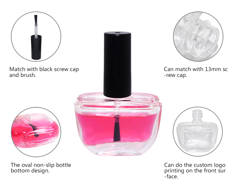 Custom 15ml clear cosmetic glass nail polish bottle with black screw cap and brush