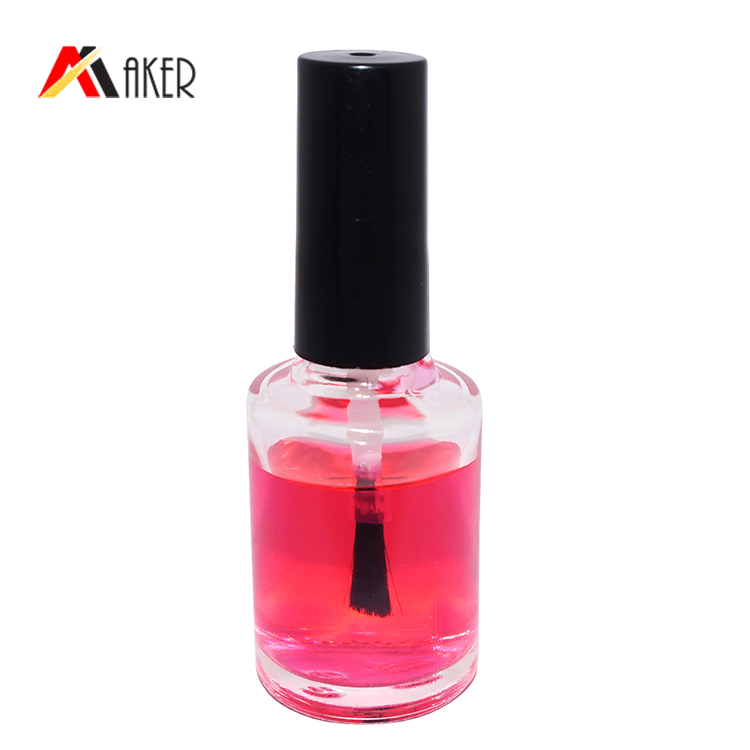 Custom 15ml clear cosmetic glass nail polish bottle with black screw cap and brush